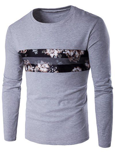 

Round Neck Long Sleeve Floral Pattern T-Shirt, Gray