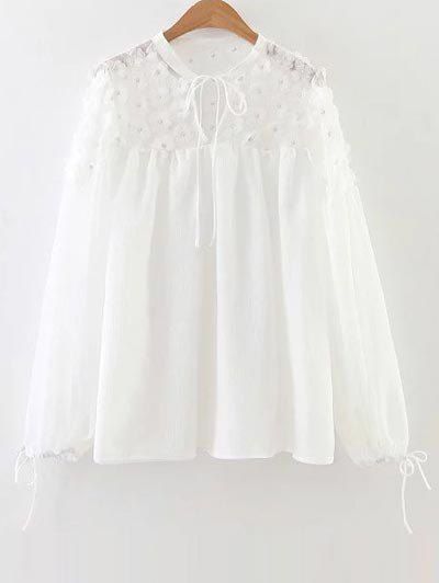 

Flower Appliqued See-Through Blouse, White
