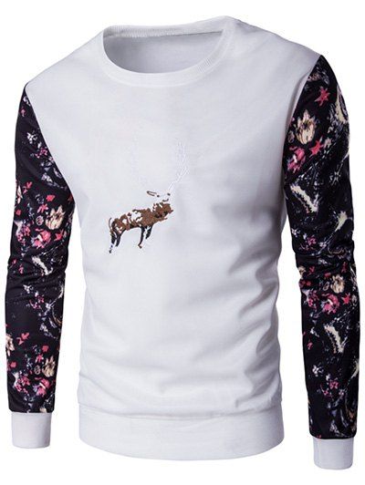 

Animal Embroidery Floral Print Spliced Sweatshirt, White