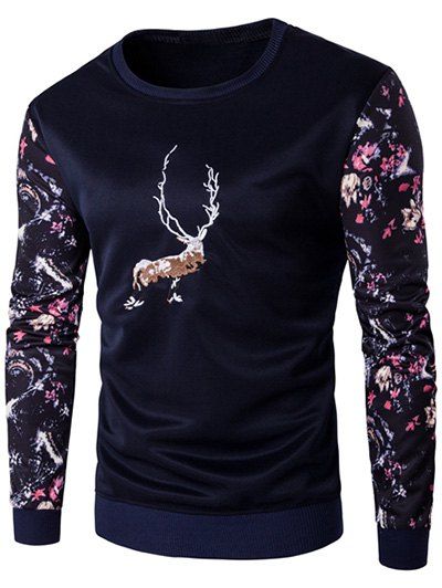 

Animal Embroidery Floral Print Spliced Sweatshirt, Cadetblue