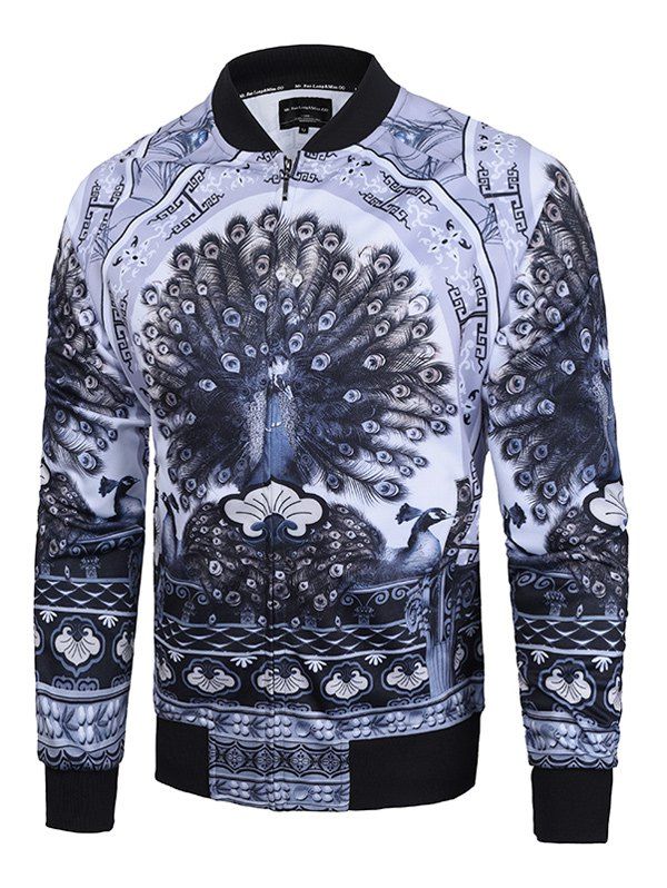 

Raglan Sleeve Peacock Printed Zip Up Jacket, Gray
