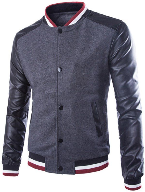 

Stand Collar PU Leather Splicing Rib Jacket, Gray