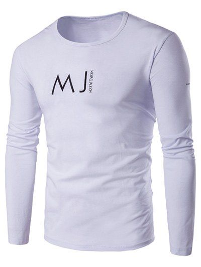 

Round Neck Long Sleeve MJ Printed T-Shirt, White
