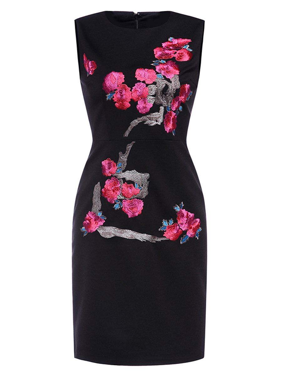 

Flower Embroidered Fitted Sheath Dress, Black