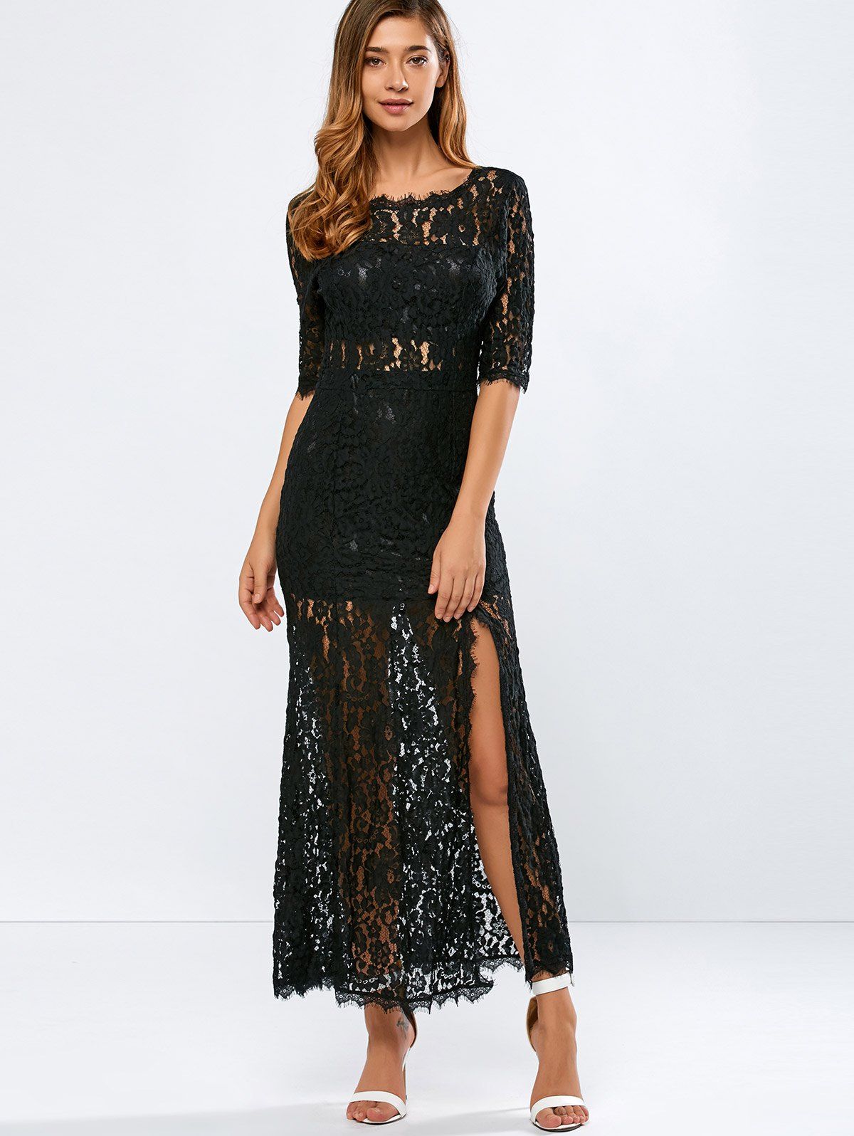 2018 Lace Backless Slit Maxi See Through Evening Dress BLACK XL In Maxi ...