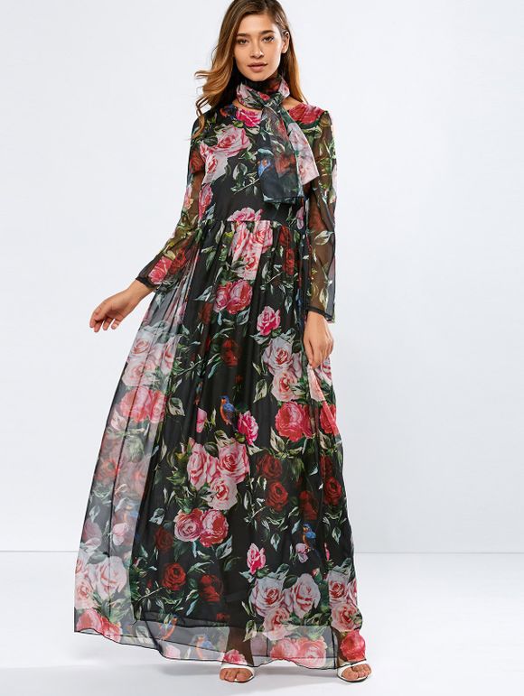 Robe de Bal Florale Longue en Mousseline Vintage à Manches Longues avec Écharpe - Noir L