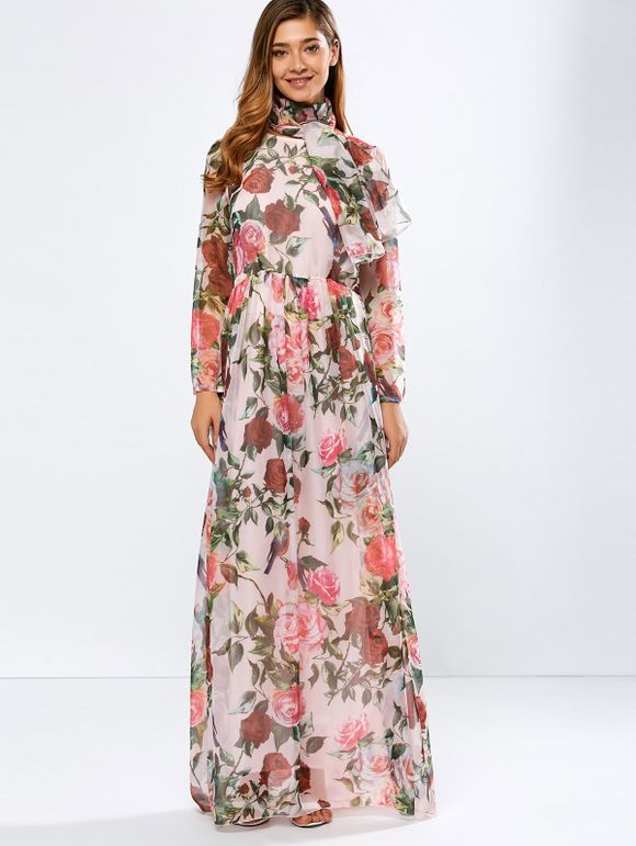 Robe de Bal Florale Longue en Mousseline Vintage à Manches Longues avec Écharpe - Rose XL