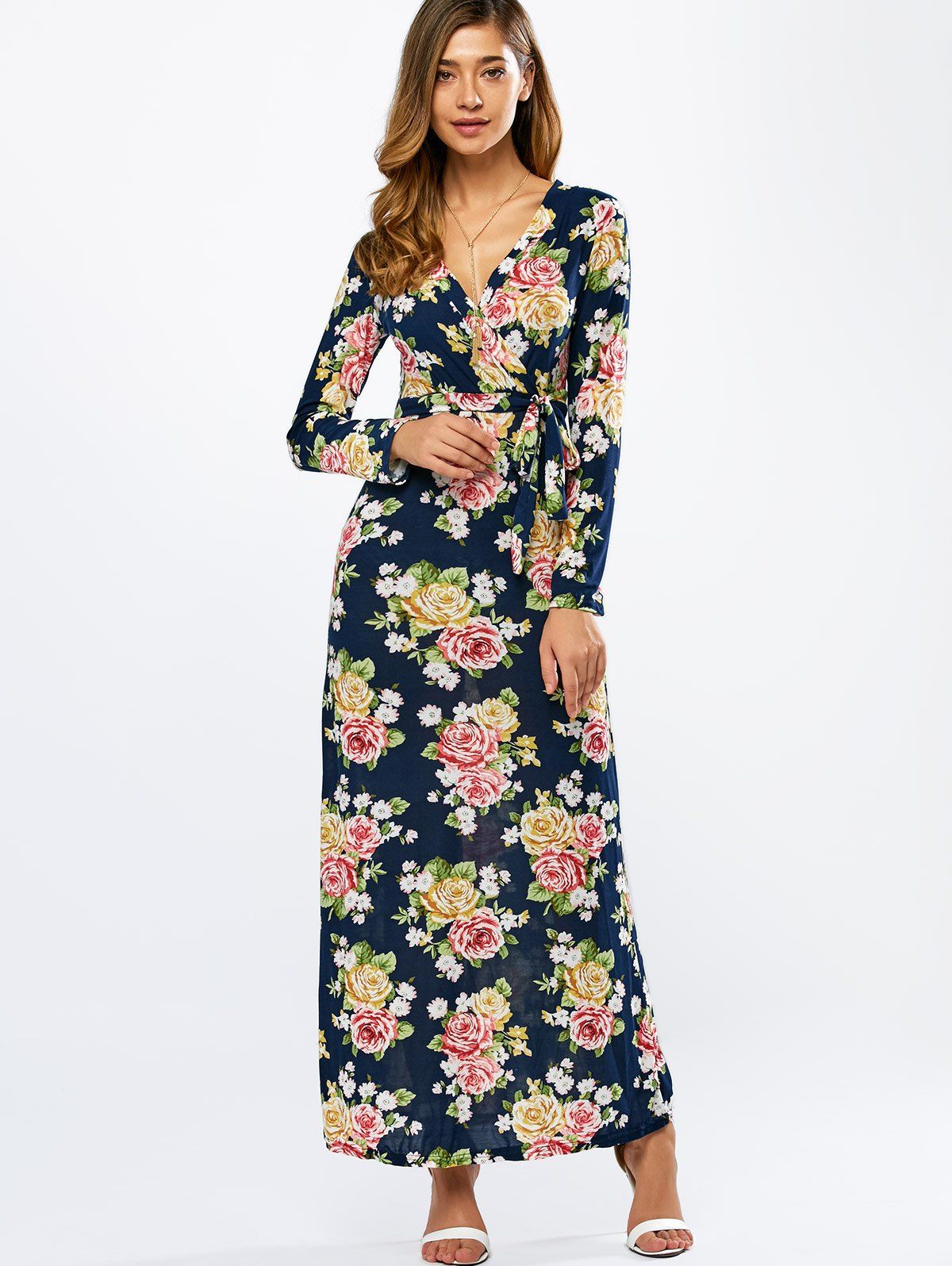 

Long Sleeve Floral Kimono Wrap Maxi Dress, Purplish blue
