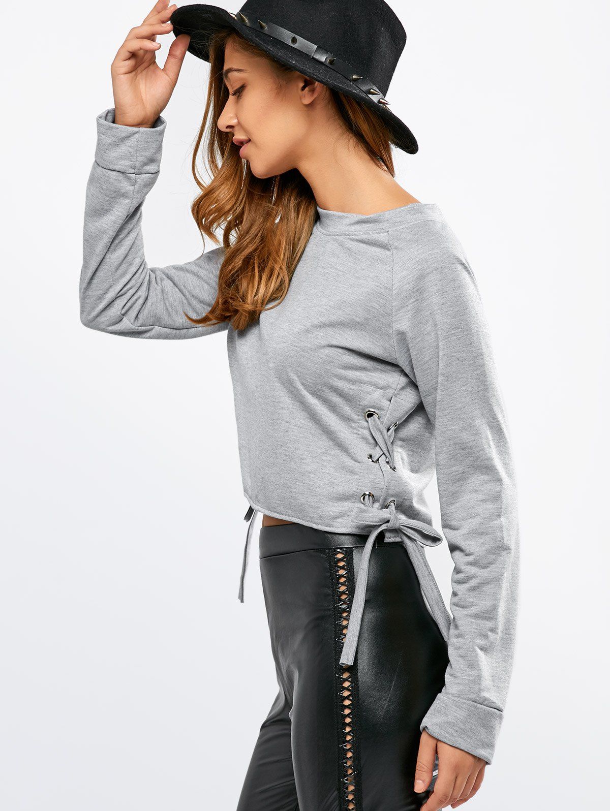 

Crew Neck Side Lace Up T-Shirt, Gray