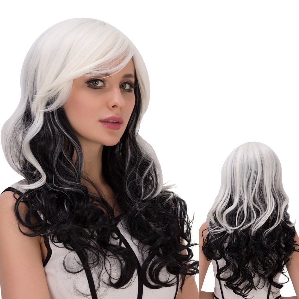 

Ombre Long Inclined Bang Wavy Synthetic Lolita Wig, White and black