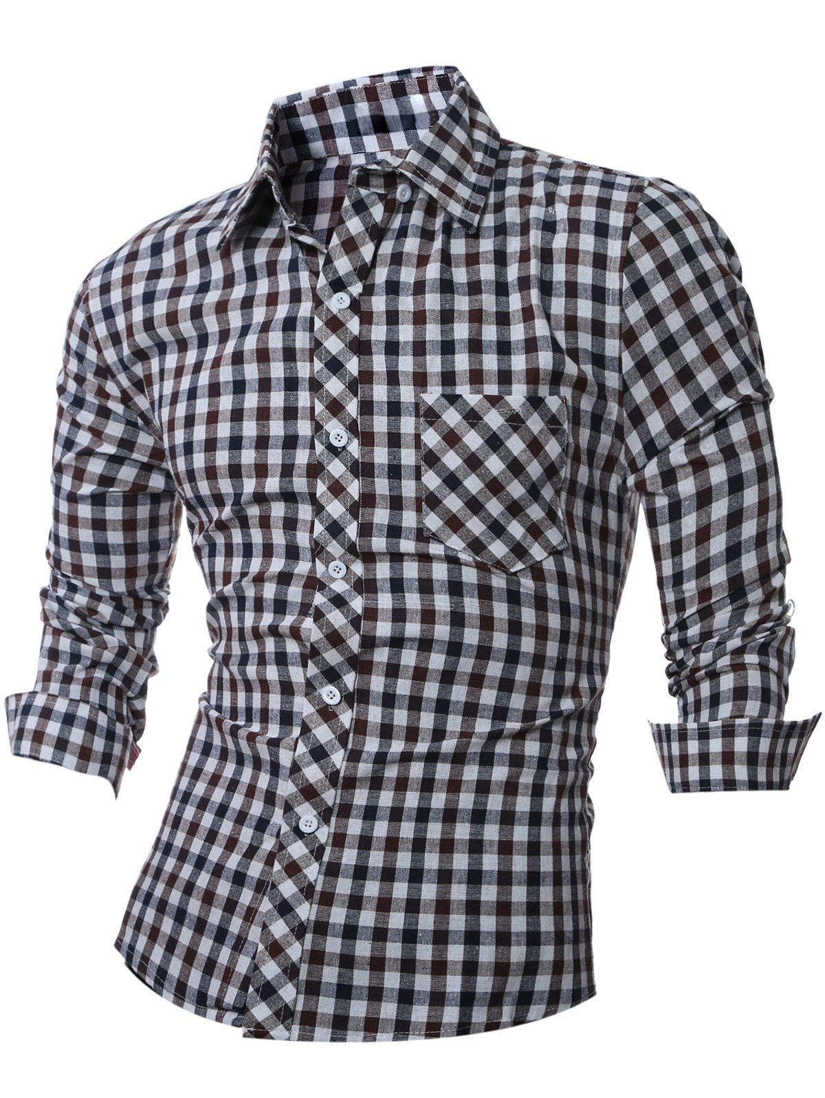 

Plaid Pattern Long Sleeve Turn-Down Collar Shirt, Coffee