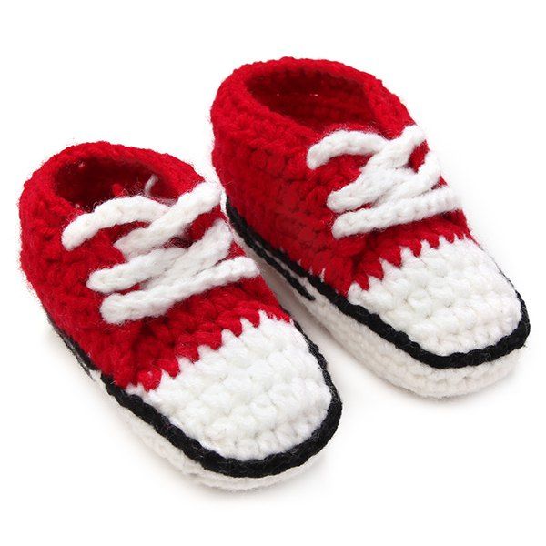

Lace-Up Canvas Shape Knit Baby Booties, Red