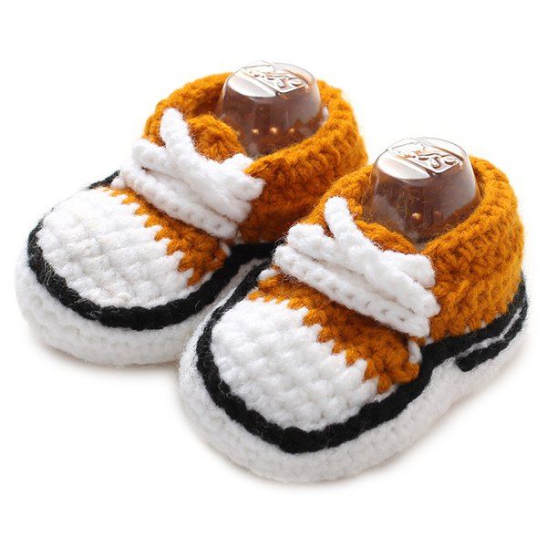 

Lace-Up Canvas Shape Knit Baby Booties, Brown