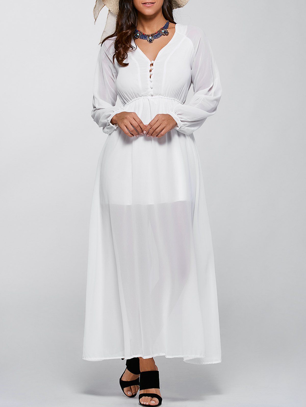 

Chiffon Long Sleeves Swing Flowy Maxi Dress, White