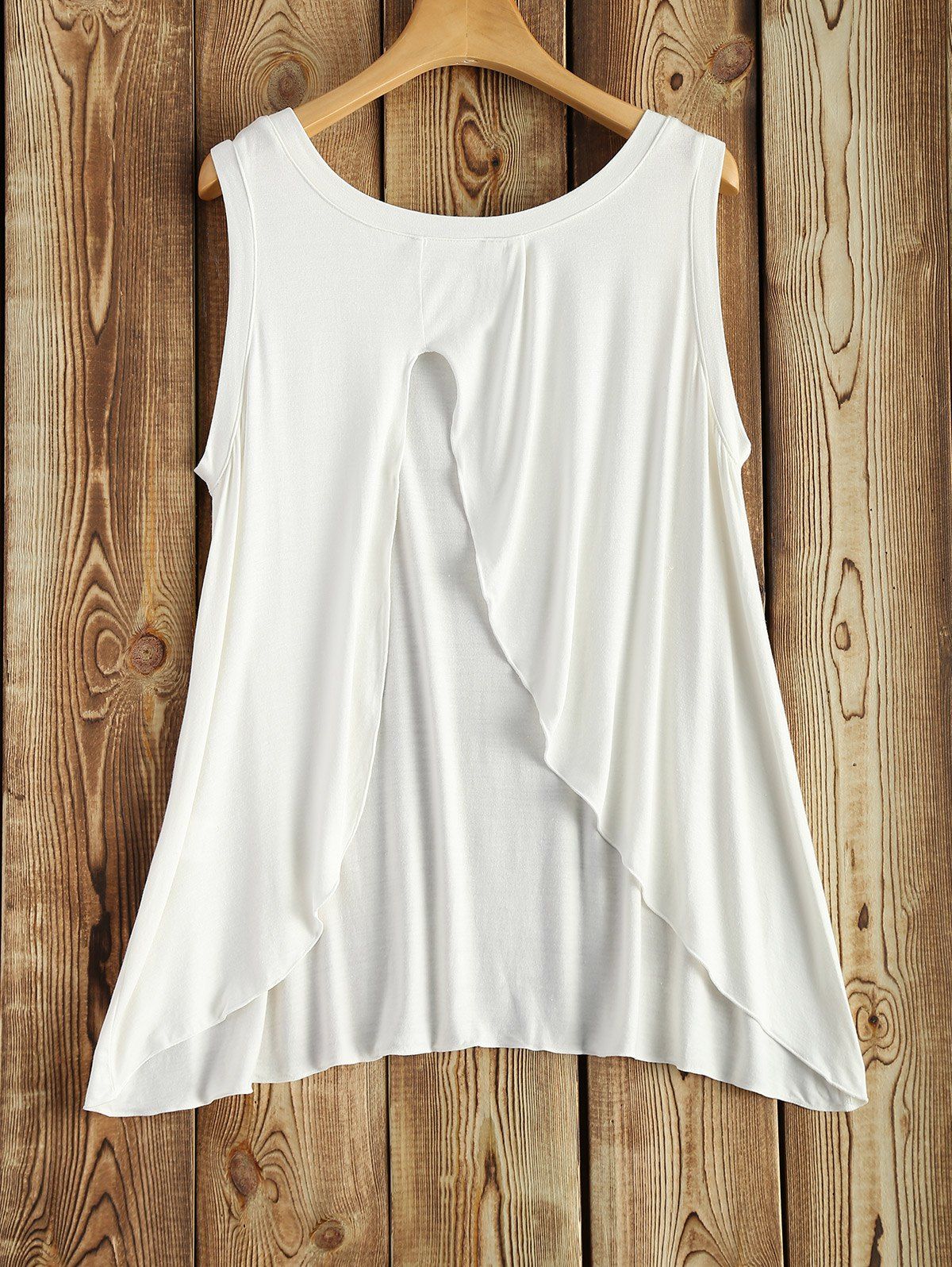 

Round Neck Asymmetric Back Slit Tank Top, White