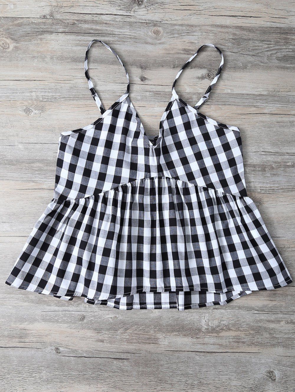 

Cami Checked Ruffles Tank Top, White and black