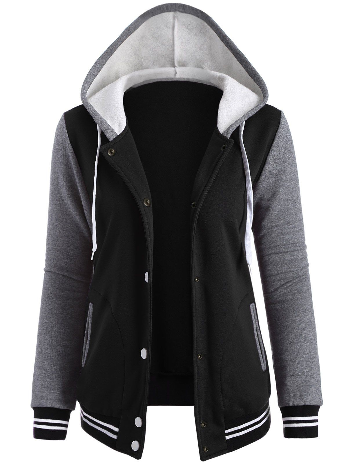 Contrast Sleeve Fleece Baseball Hoodie Jacket - BLACK XL