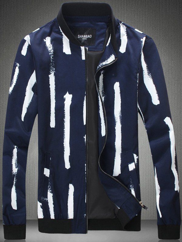 

Plus Size Paint Stripe Print Stand Collar Zip-Up Jacket, Cadetblue