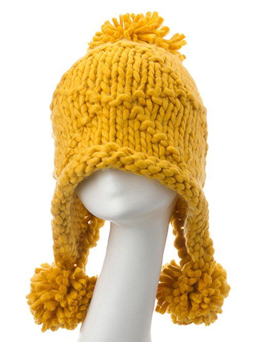 

Big Ball Stripy Acrylic Knit Beanie Hat, Yellow