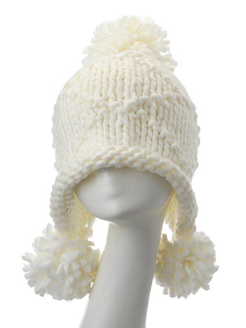 

Big Ball Stripy Acrylic Knit Beanie Hat, White