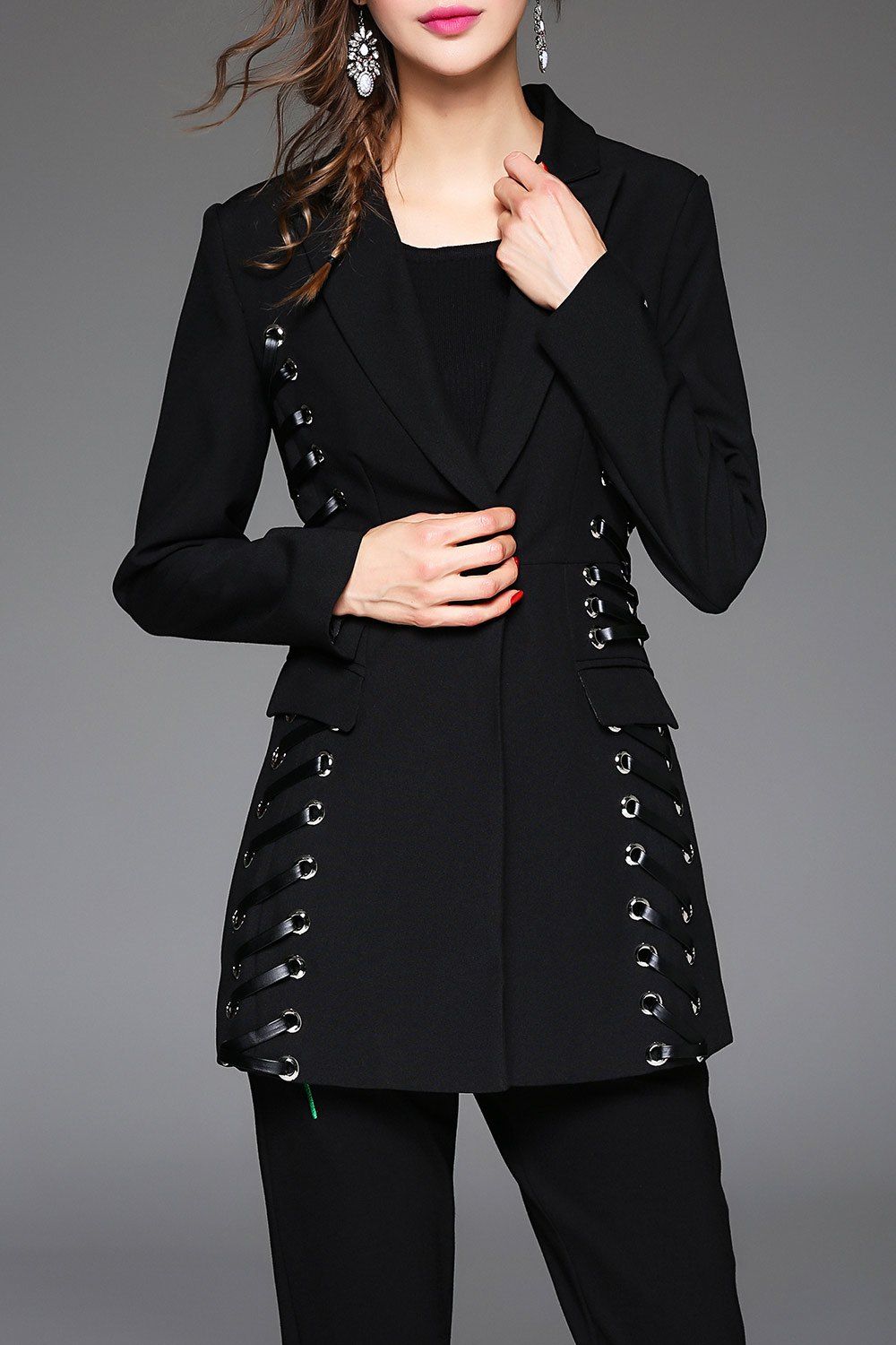 

Lace-Up Studded One Button Blazer, Black