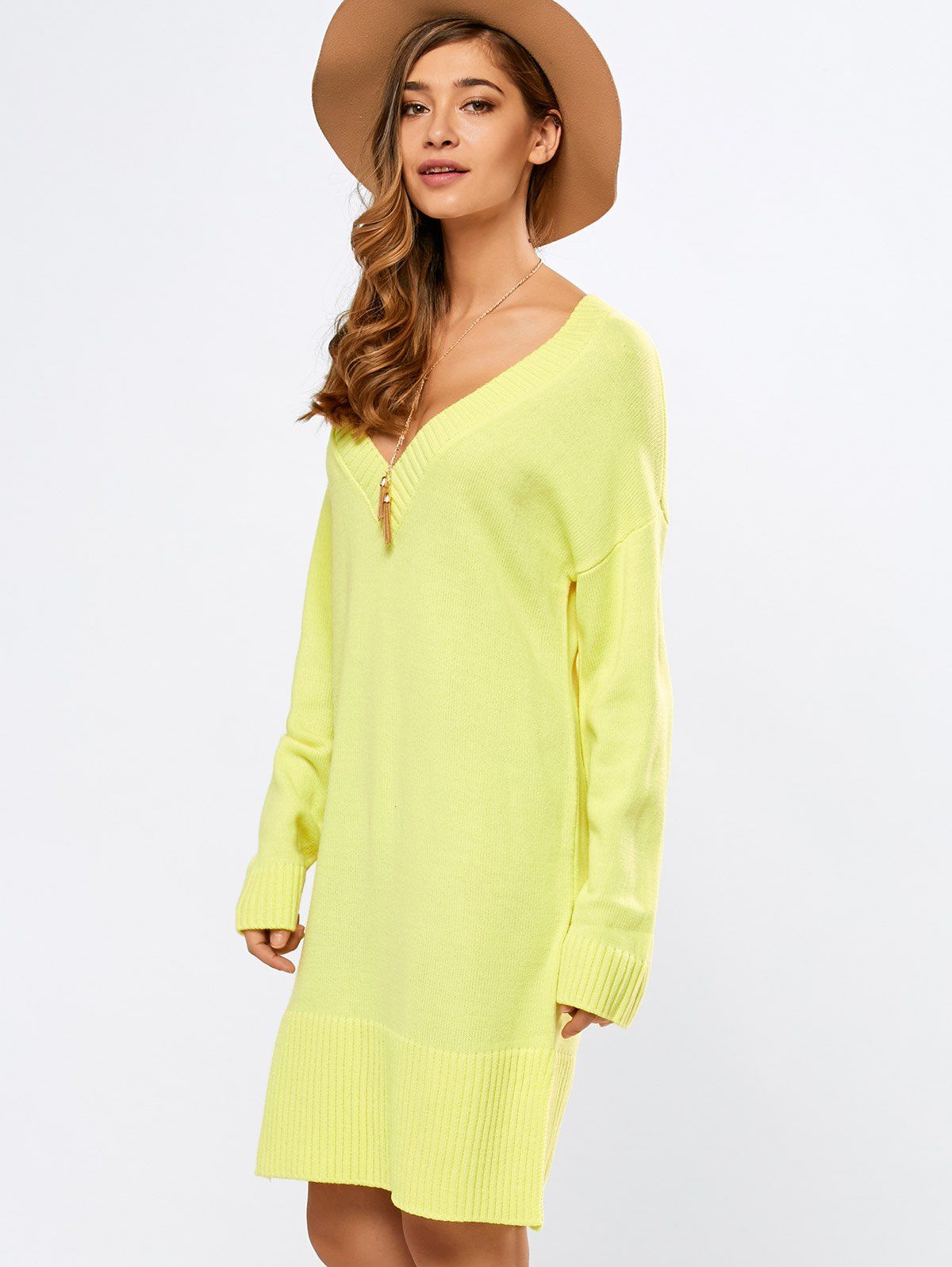 

V Neck Long Sleeve Tunic Sweater Dress, Yellow