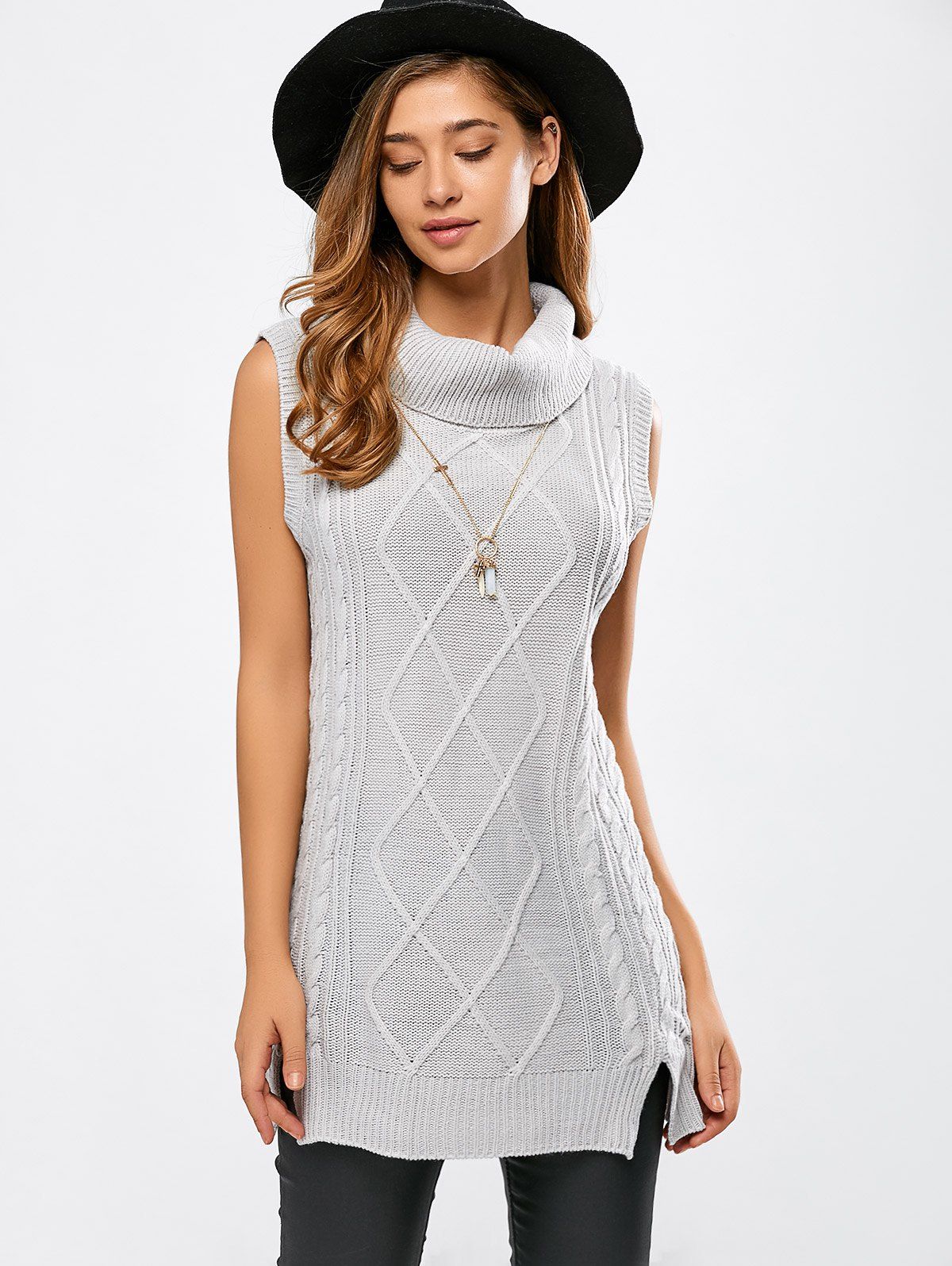 

Turtle Neck Sleeveless Cable Knit Sweater, Light gray