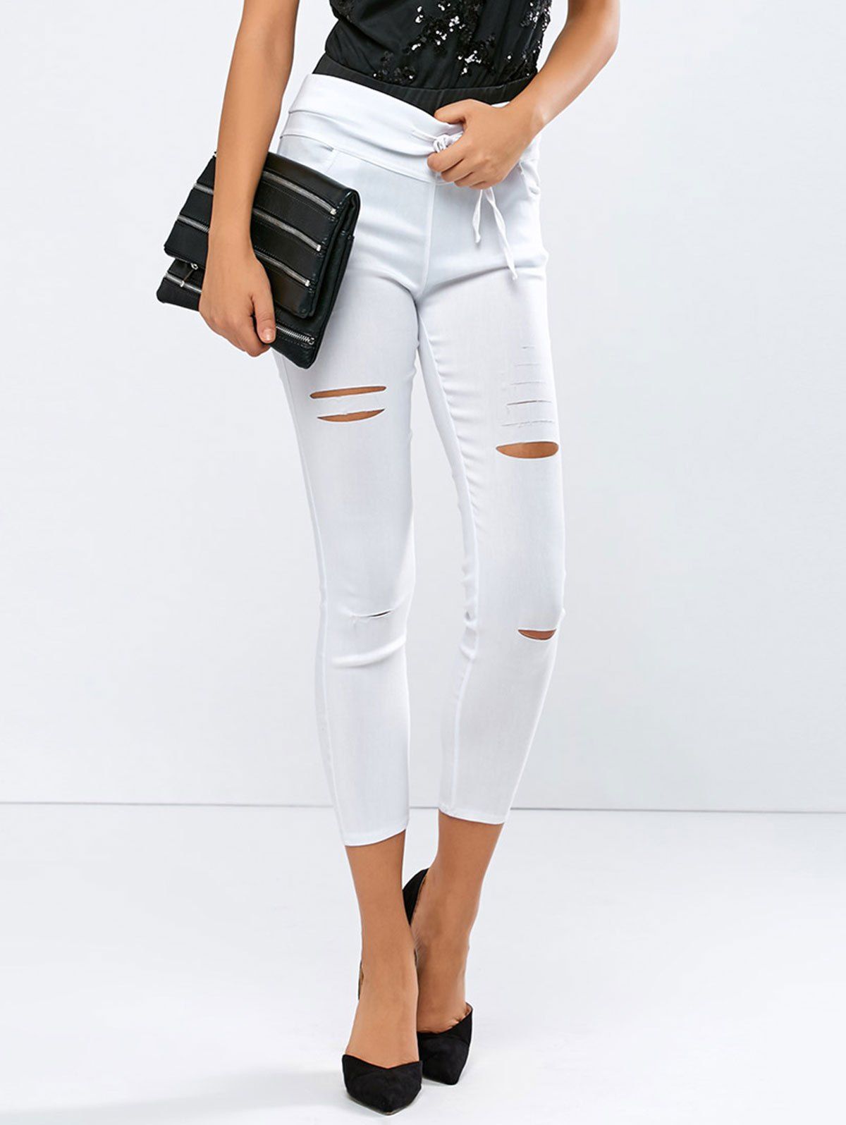

Ripped High Waisted Capri Skinny Pants, White