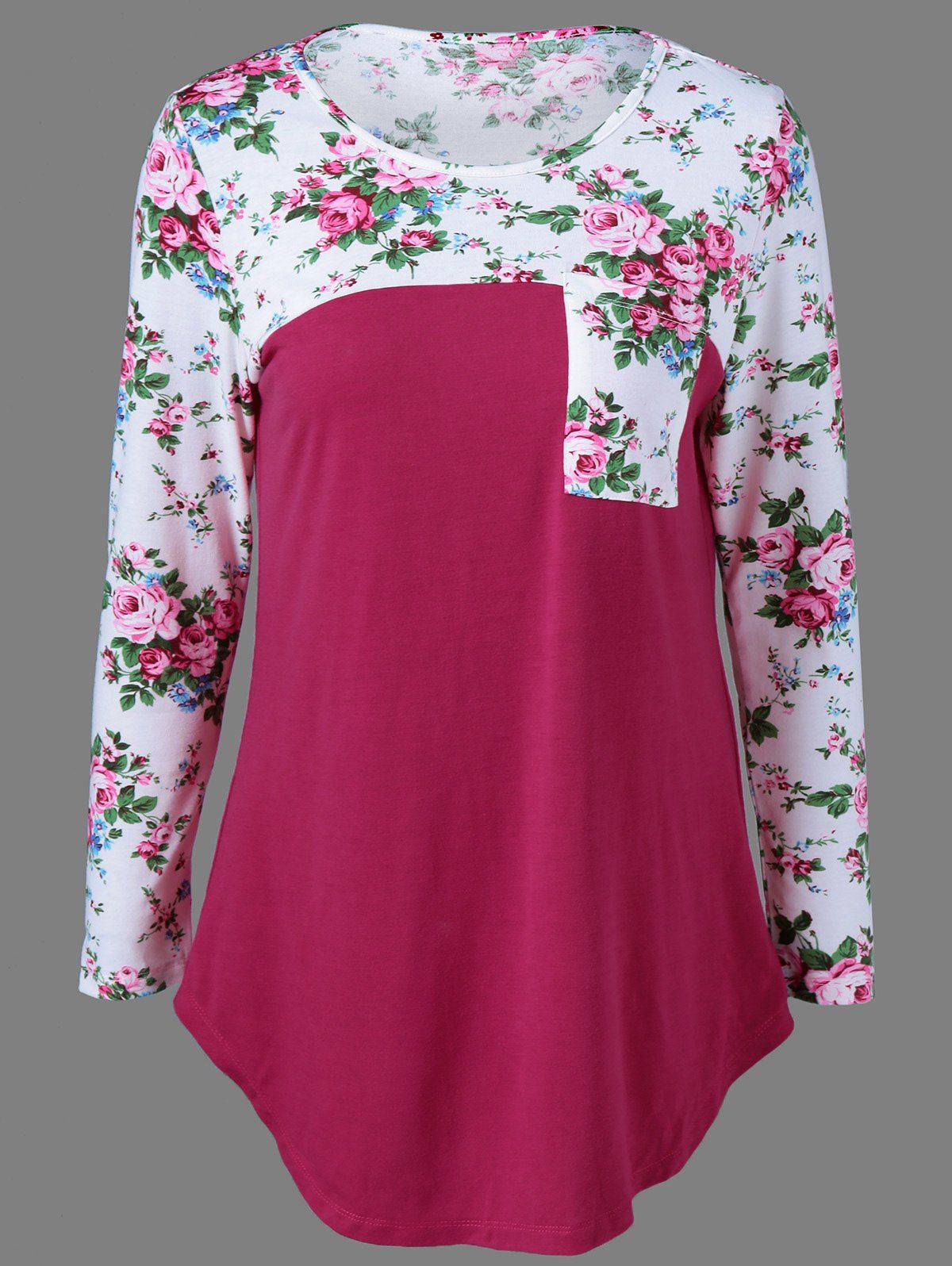 

Casual Single Pocket Floral Trim T-Shirt, Red with white