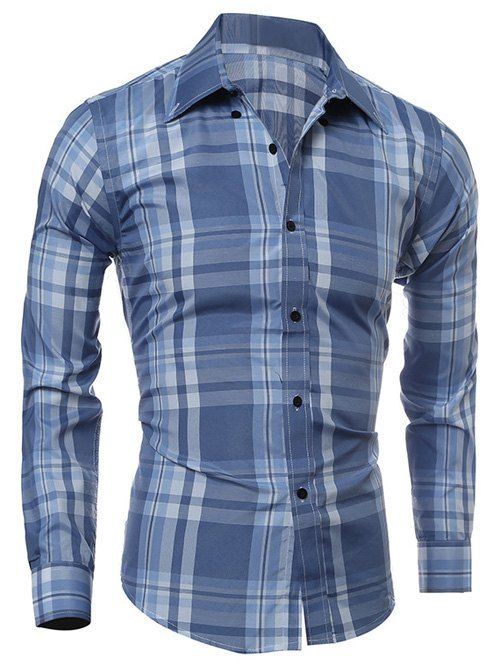 

Turn-Down Collar Long Sleeve Tartan Pattern Shirt, Light blue