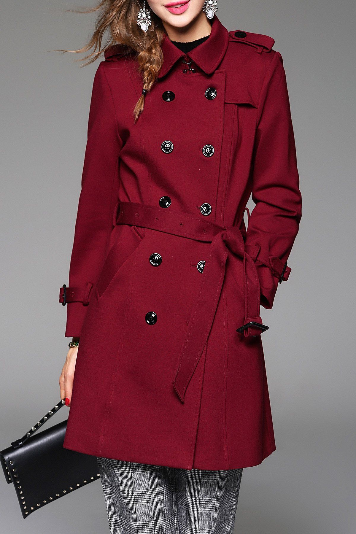 [29% OFF] 2021 Button Up Trench Coat With Belt In WINE RED | DressLily