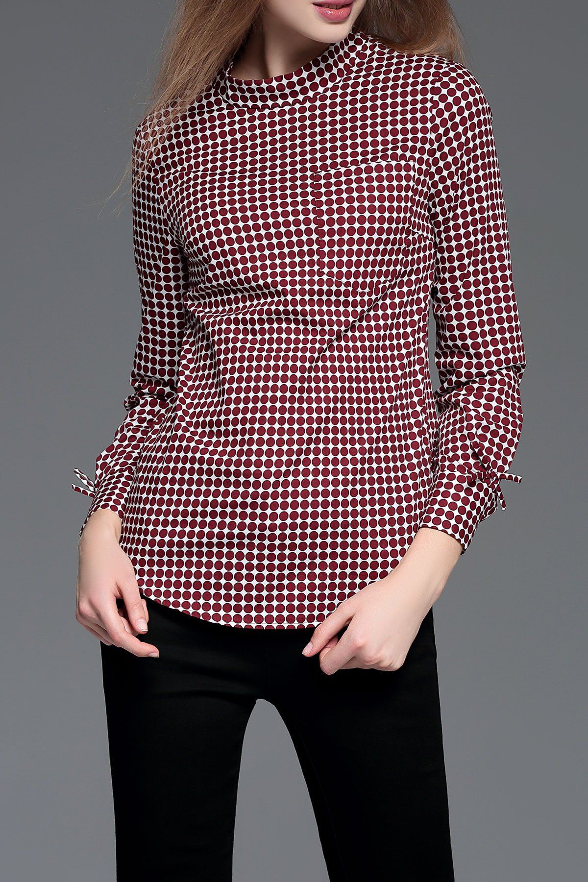 

Stand Collar Polka Dot Blouse, Wine red