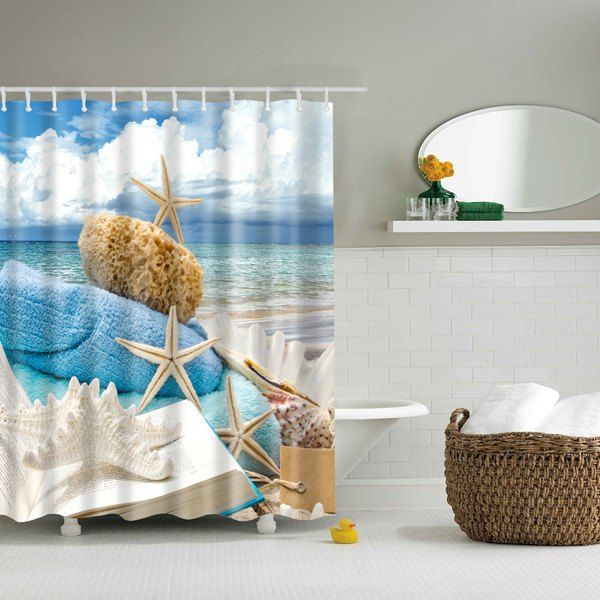 

Waterproof 3D Beach Starfish Printed Bathroom Shower Curtain, Colormix