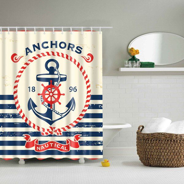 

Bathroom Waterproof Stripe Anchor Printed Shower Curtain, Colormix