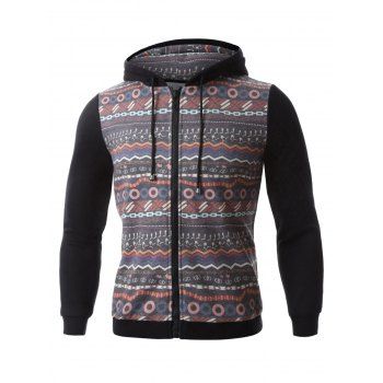 

Hooded Colorful Geometric Print Zip-Up Hoodie, Black