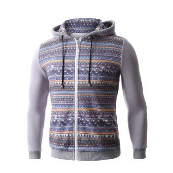 

Hooded Colorful Geometric Print Zip-Up Hoodie, Gray