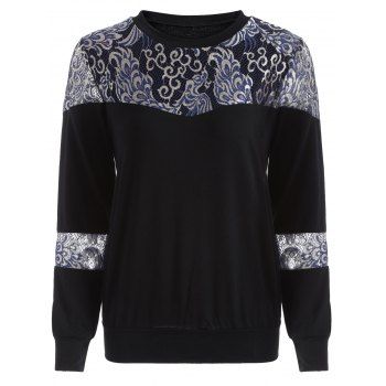 [41% OFF] 2022 Loose Embroidered Lace Spliced Tee In BLACK | DressLily