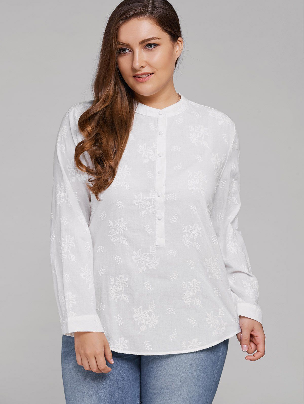 

Plus Size Long Sleeve Floral Embroidered Shirt, White