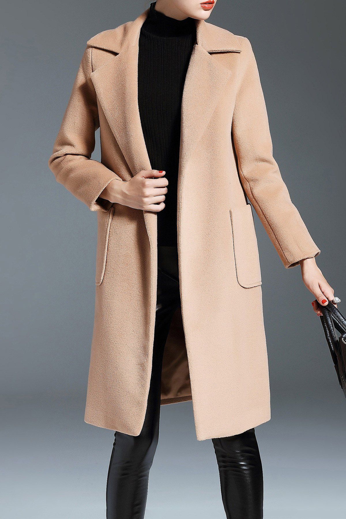 

Lapel Wool Blend Wrap Coat, Khaki