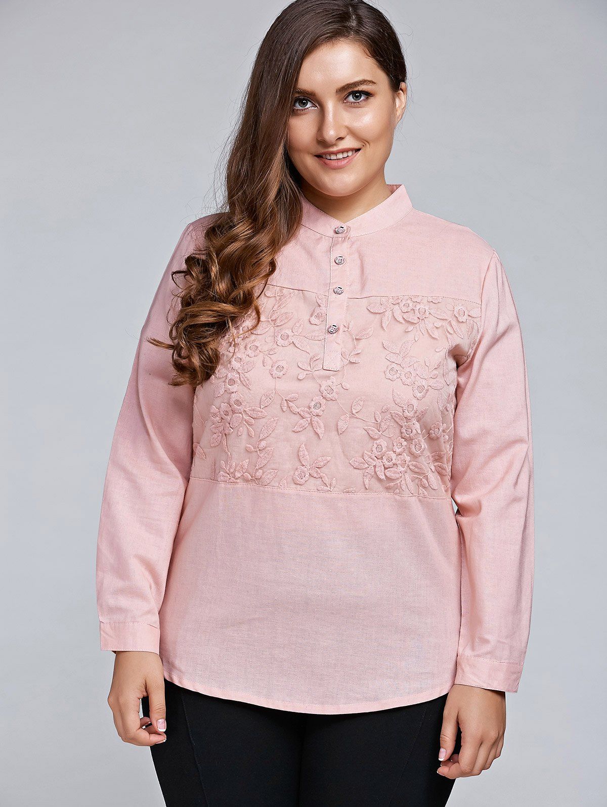 

Plus Size Long Sleeve Embroidered Formal Shirt, Light pink