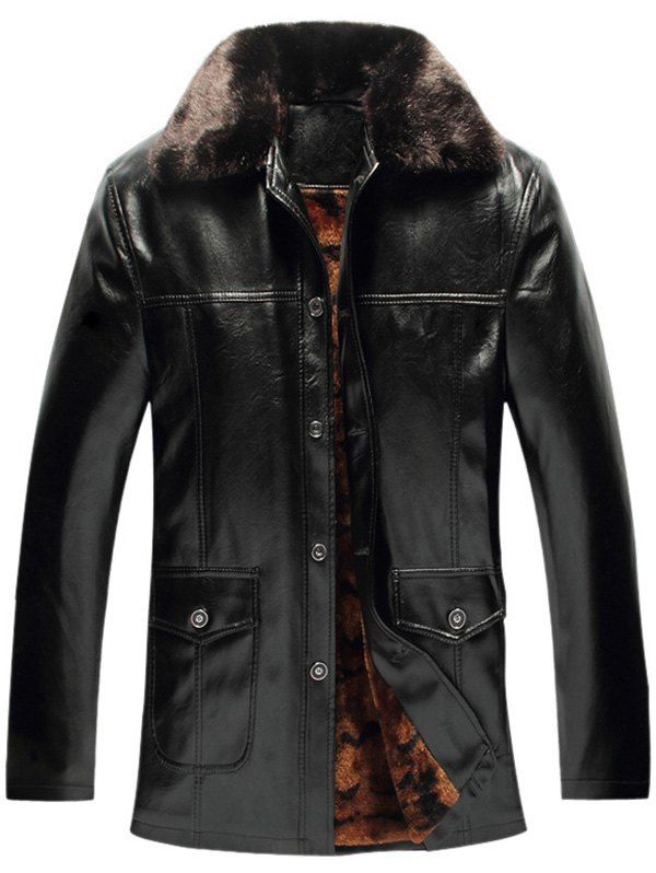 

Faux Fur Collar Single-Breasted PU-Leather Fleece Coat, Black