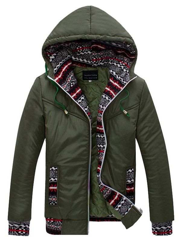 

Ethnic Style Print Splicing Hooded Zip-Up Cotton-Padded Jacket, Army green