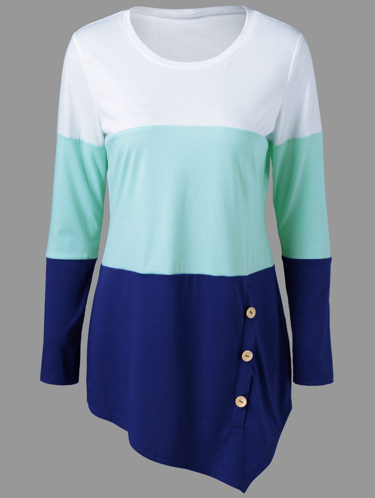 

Button Embellished Asymmetrical T-Shirt, White + blue + green