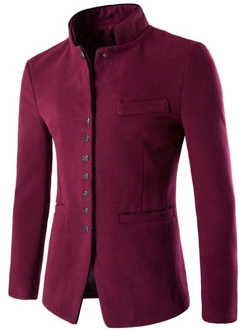 [17% OFF] 2021 Stand Collar Button Up Wool Blend Blazer In WINE RED ...