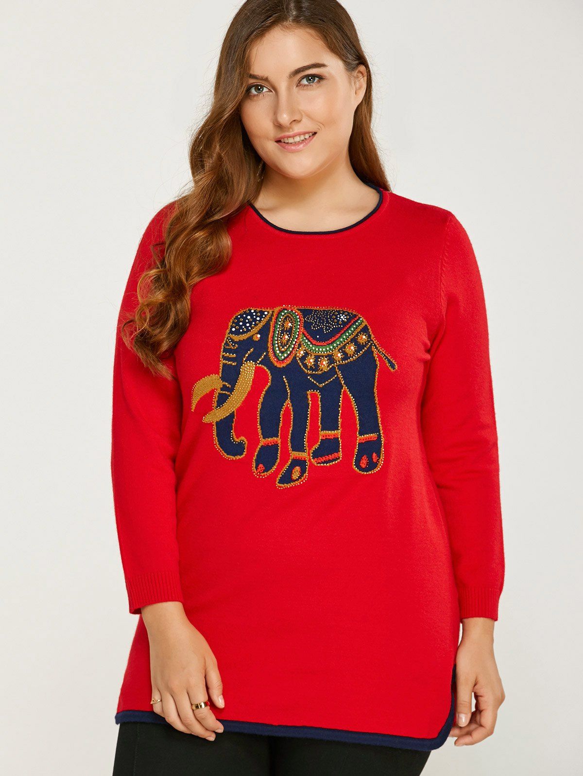 

Elephant Pattern Plus Size Sweater, Red