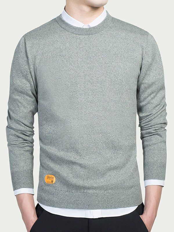 

Label Embellished Long Sleeve Round Neck Sweater, Gray