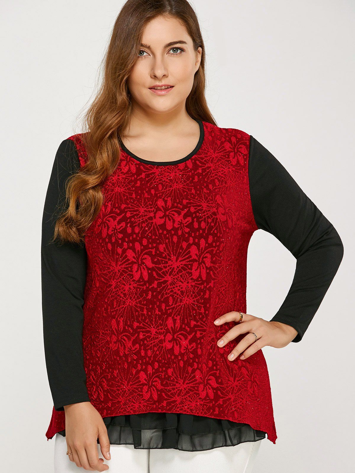 

Long Sleeve Plus Size Rhinestoned Top, Red