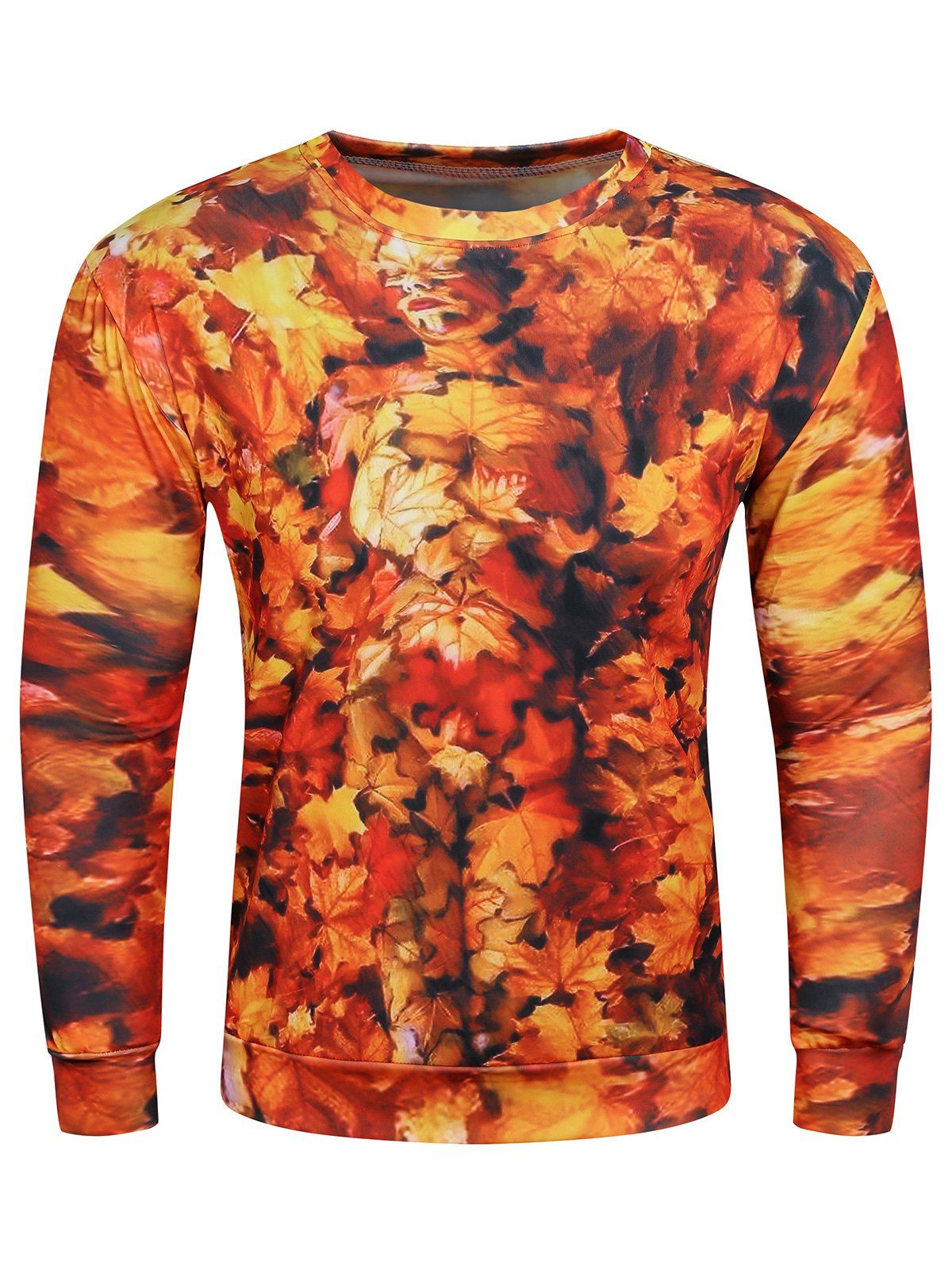 

3D Maple Leaves Printed Long Sleeve Crew Neck Sweatshirt, Yellow