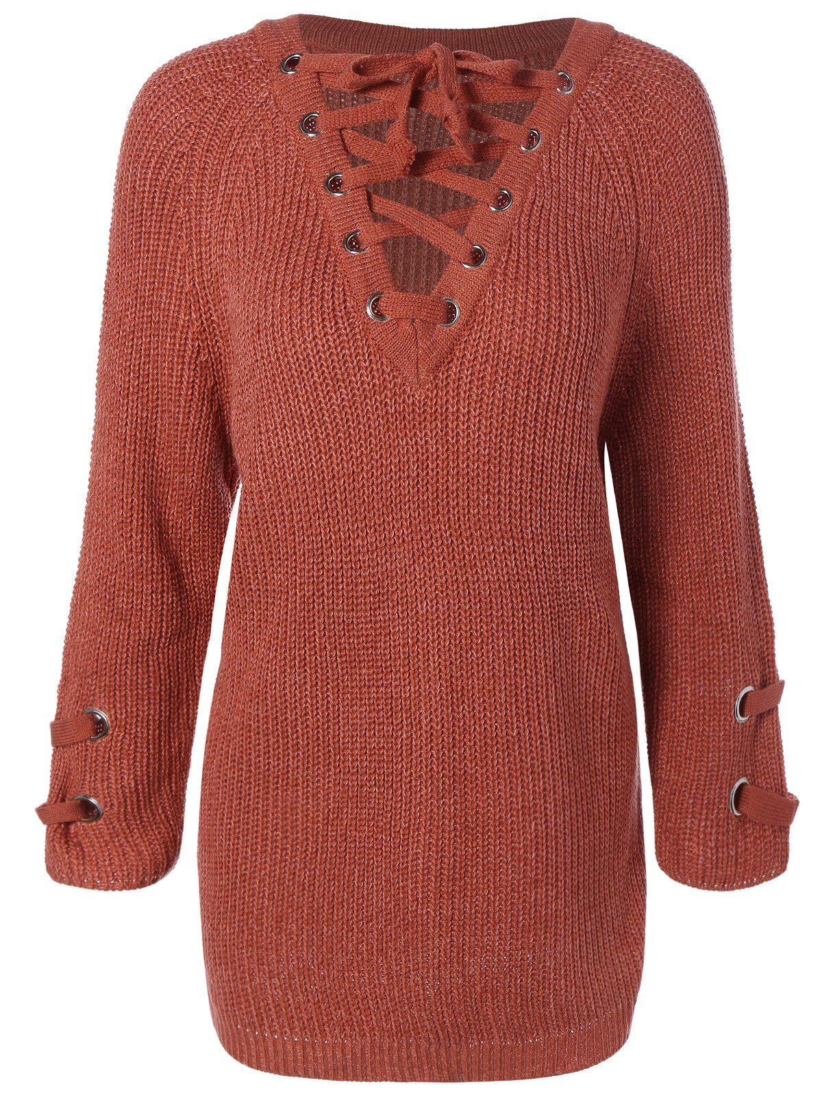 

Lace-Up Loose Sweater, Brick-red