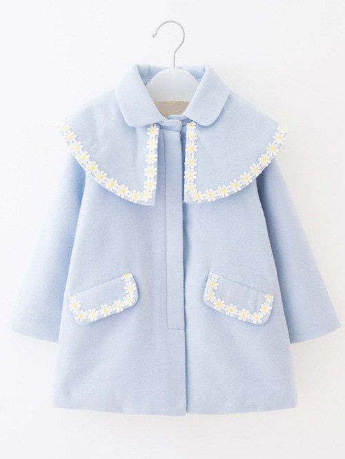 Manteau floral de laine brodé avec col rabattu - Bleu clair 110